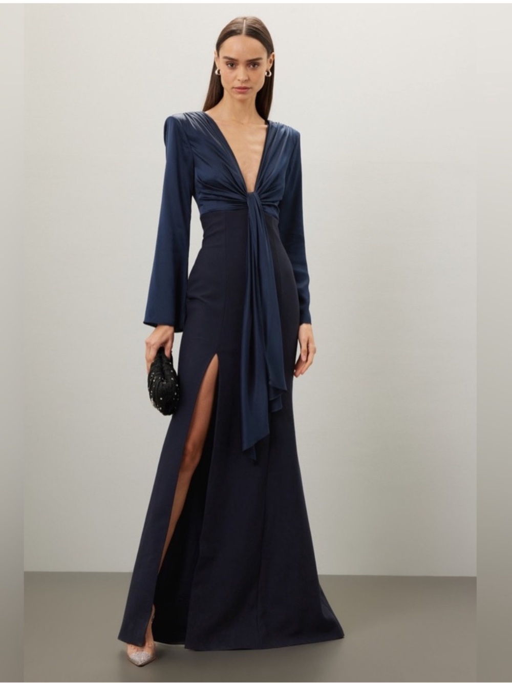 cinq a sept Julianne Navy Long-Sleeve V-Neck Gown with Front Tie and High Slit